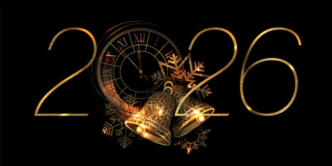 Merry Christmas. The number 2026 with a round gold clock. The clock is isolated from the numbers.