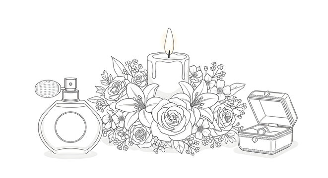 black and white perfume, candle, jewelry box clip art preview