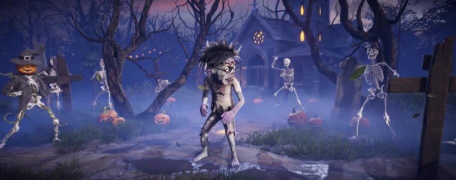 Halloween party. Funny zombies dancing among glowing pumpkins in the light of the full moon in a scary gothic cemetery. 3D animated background for holiday cards, invitations, posters, events, parties