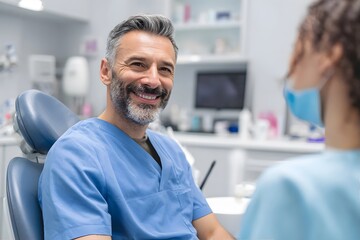 Obraz premium Dentist smiles in a dental clinic.