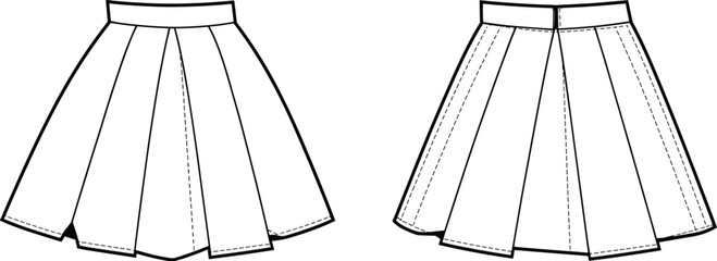 Technical sketch of box pleated skirt, front and back view, waistband, topstitching, zipper closure, structured silhouette, fashion vector template