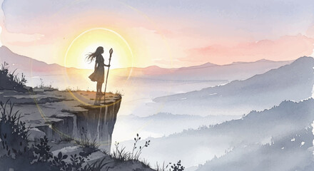A lone explorer stands majestically on a dramatic cliff edge, gazing at a breathtaking sunrise over a vast, mystical mountain landscape, evoking wonder and epic adventure