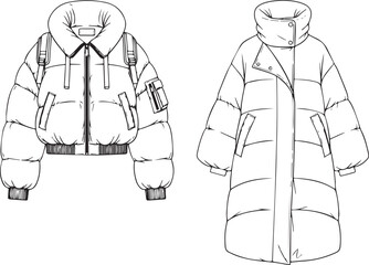 Puffer jacket fashion illustration with cropped and long coat styles