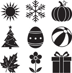 Obraz premium Seasonal and holiday icons set, sun, snowflake, pumpkin, Christmas tree, Easter egg, maple leaf, beach ball, flower, gift box vector.