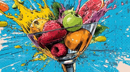 Pop art cocktail glass exploding with colorful fruit in comic palette