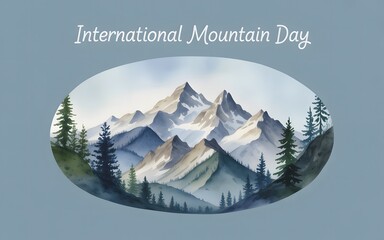 Watercolor painting of snow capped mountains and pine trees for international mountain day