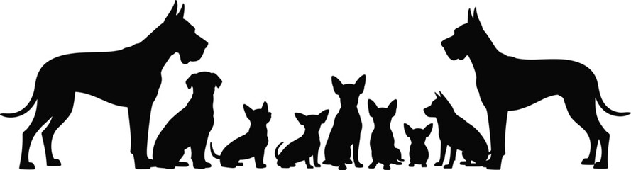Dog silhouette lineup with Great Danes and small breeds, symmetrical arrangement, sitting and standing poses, vector art, minimalist design