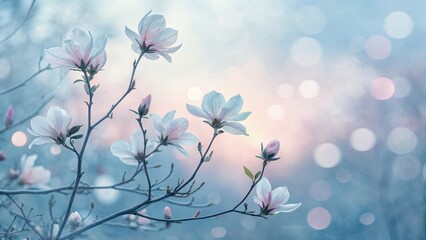 Soft focus pastel magnolia blossoms bloom in gentle spring light