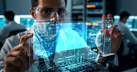 Scientist examining futuristic holographic display with complex data - Powered by Adobe