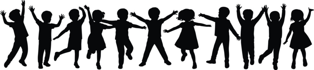 Kids silhouettes, playful children group, jumping dancing happy, raised arms, cad drawing, flat vector illustration, black white design, joyful pose