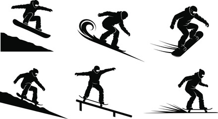 Obraz premium Snowboarding silhouette illustration, winter sports action, snowboard tricks design, extreme recreation concept, athlete performance, mountain slope, freestyle jump, dynamic movement, flat vector
