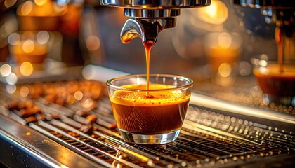 Espresso shot being pulled into a clear glass, bokeh lights and beans on grid background