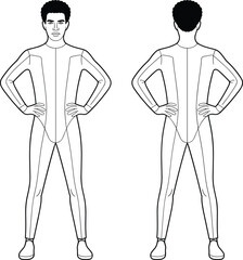 Male fashion figure, front back view, measurement template, standing pose, hands on hips, cad drawing, flat vector illustration, design reference