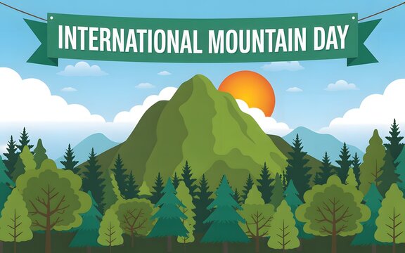 Green mountain landscape with international mountain day banner and sun - Powered by Adobe