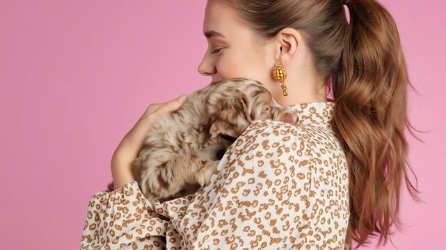 Young caucasian woman holding a cute puppy against a pink background, showing affection for the pet in a studio setting footage.