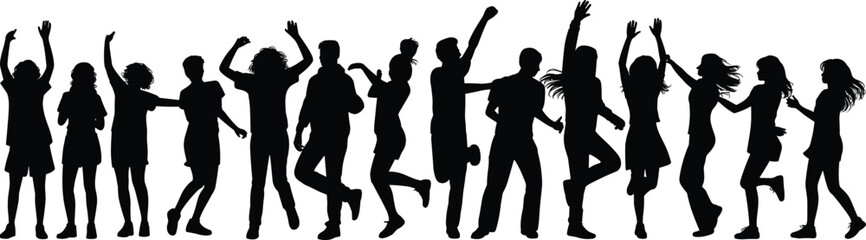 silhouette, dancing, celebration, group, unity, joy, expressive, pose, movement, jumping, cheering, people, black, white, background, lifestyle, energy, performance, diverse, dynamic