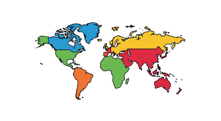 Obraz premium World map illustration continents divided by colors ideal for geography education showing global diversity and international relations concepts.