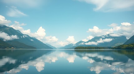 A serene lake mirroring mountains and clouds under a clear blue sky