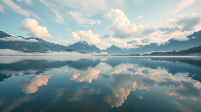 A tranquil lake mirroring mountains and clouds under a soft blue sky