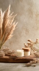 Natural Skincare Products Displayed on Wooden Surface With Dried Plants in Soft Lighting