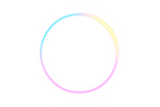 Glowing neon circle frame with gradient colors and vibrant light creating an abstract modern design element