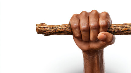 Strong hand holding wooden stick symbolizing leadership and strength with natural texture and firm grip on white background