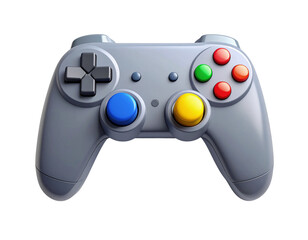 Retro style grey gamepad for video gaming, featuring a d-pad, joysticks, and colorful buttons. A 3D illustration of a classic console accessory isolated on a white background