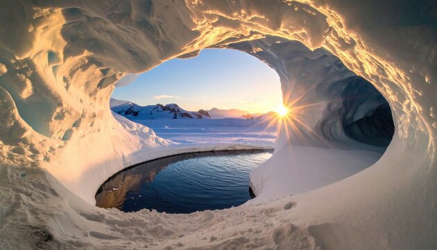 Sunlight shines through an icy cavern overlooking a frozen landscape with small, jagged mountains in the far distance
