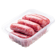  Packaged sausage processed meat plastic container isolated uncooked food snack convenient fresh ready to cook appetizing [Transparent Background PNG].