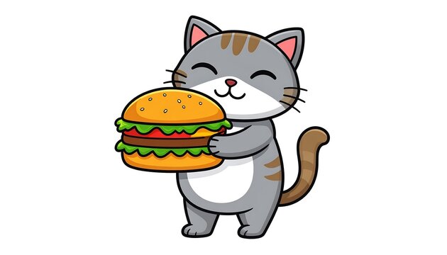 Cute gray cat holding a burger