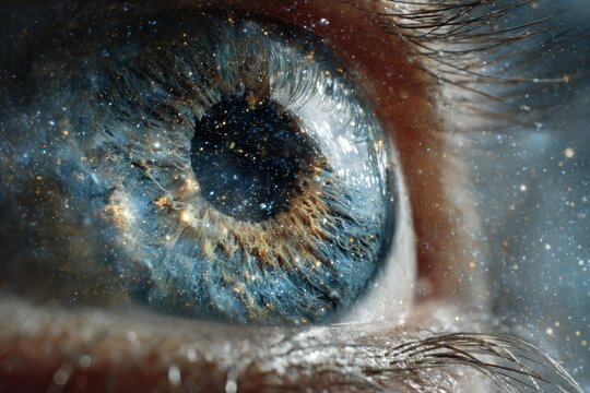 A mesmerizing close-up of a human eye filled with stars, representing inner universe and cosmic connection, showcasing intricate details of iris and galaxy.