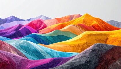 Colorful mountains ripple into the distance, creating a vibrant textured landscape against a bright white sky