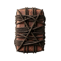 Aged leather bound package or antique book tightly wrapped and secured with dark brown ropes, isolated on transparent background