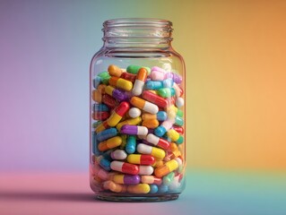 Multihued Capsules in Glass Jar: Assorted Pills with Vibrant Tones on Gradient Backdrop for Pharmaceutical Presentation, Health Related Projects, and Medical Imagery