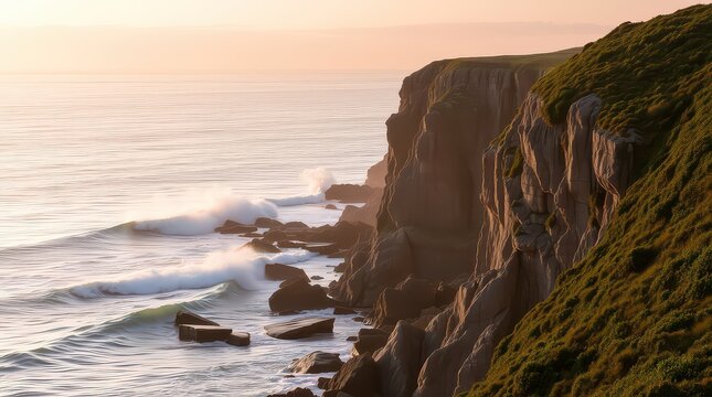 Waves crashing against the cliffs at sunset creating a beautiful scenery