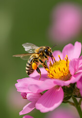 Bee pollinating a pink flower. Focus on insects, nature, floral, and environmental sustainability concepts.