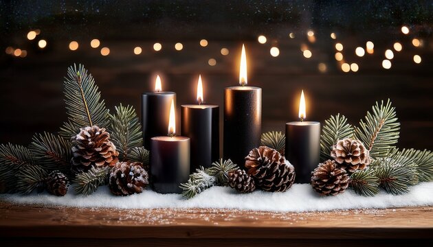 Christmas Dark Academia Vintage Winter Wooden Table With Fir Branches Pine Cones Black Candles And Twinkle Lights Covered In Fake Snow