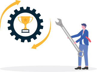 A businessman holds a machine key beside a trophy with gears,
