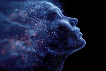 Abstract human head profile rendered in blue glowing particles against black background, symbolizing inner thought, mindfulness, and digital identity in modern technology.