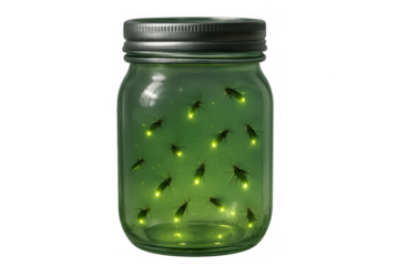 Fireflies illuminating glass jar on transparent background, symbolizing childhood magic and summer nights