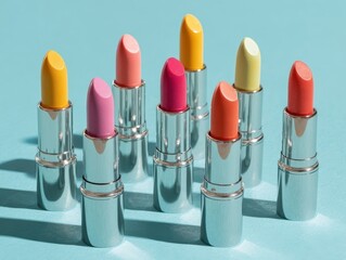 Assorted Pastel Lipsticks with Silver Tubes on Light Blue Tabletop: Beauty Cosmetics Fashion Still Life Photography for Makeup Artists
