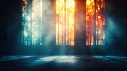 Naklejka premium A captivating blend of light and fog emanates from stained glass windows, creating a mystical atmosphere that can enhance themes of spirituality, tranquility, or introspection in various projects,