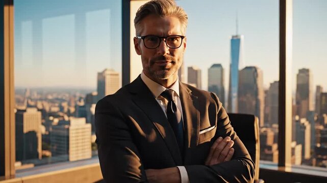 Confident businessman in suit stands by window with city view