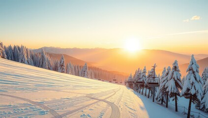 Winter landscape with snowcovered trees and mountains at sunset
