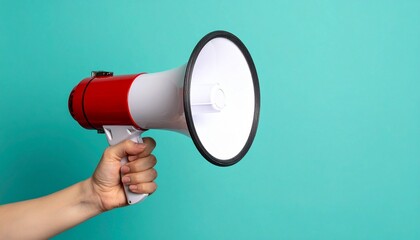 “Hand holding red and white megaphone against solid teal background”