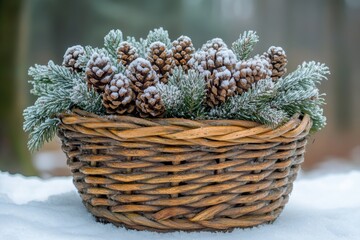 Basket filled with pine cones, pine cones scattered around.