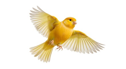 Isolated against a white background, a yellow canary is seen flying in midair.