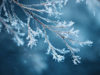 Deep blue winter hoarfrost elegant tree branch frosty landscape serene outdoor beauty icy textures cold season tranquility ethereal snow crystals blue bokeh