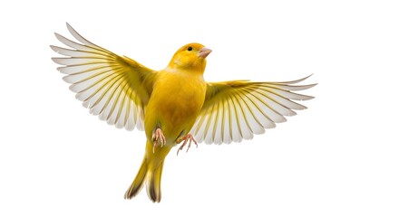 Yellow canary flying mid-air, isolated on white background, bird in motion.