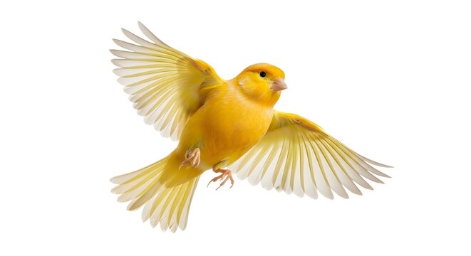 Isolated against a white background, a yellow canary is seen flying in midair.
